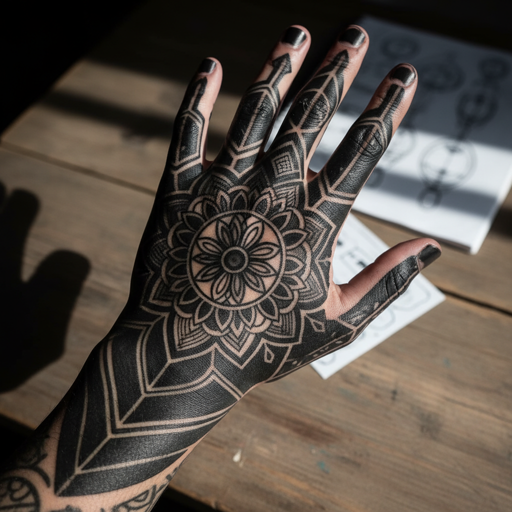Blackwork hand tattoo