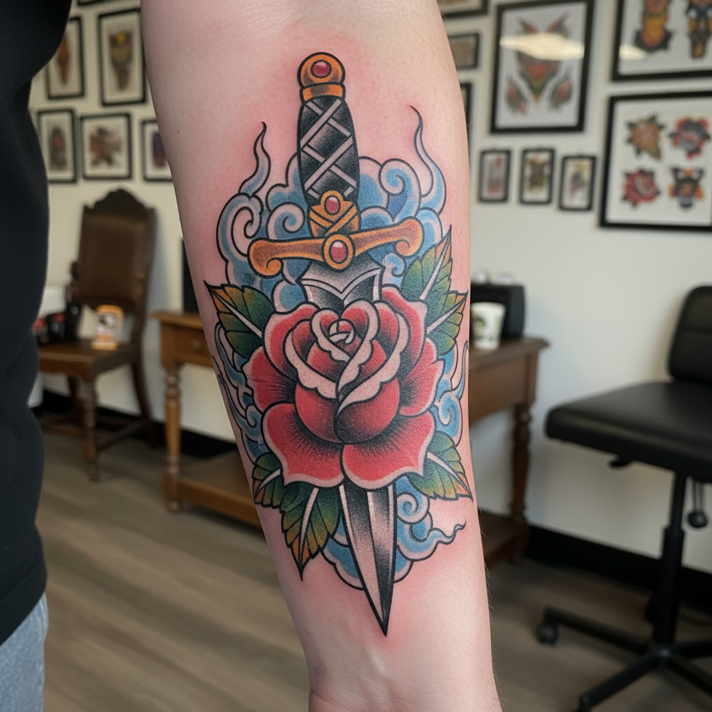 Neo-traditional dagger and rose